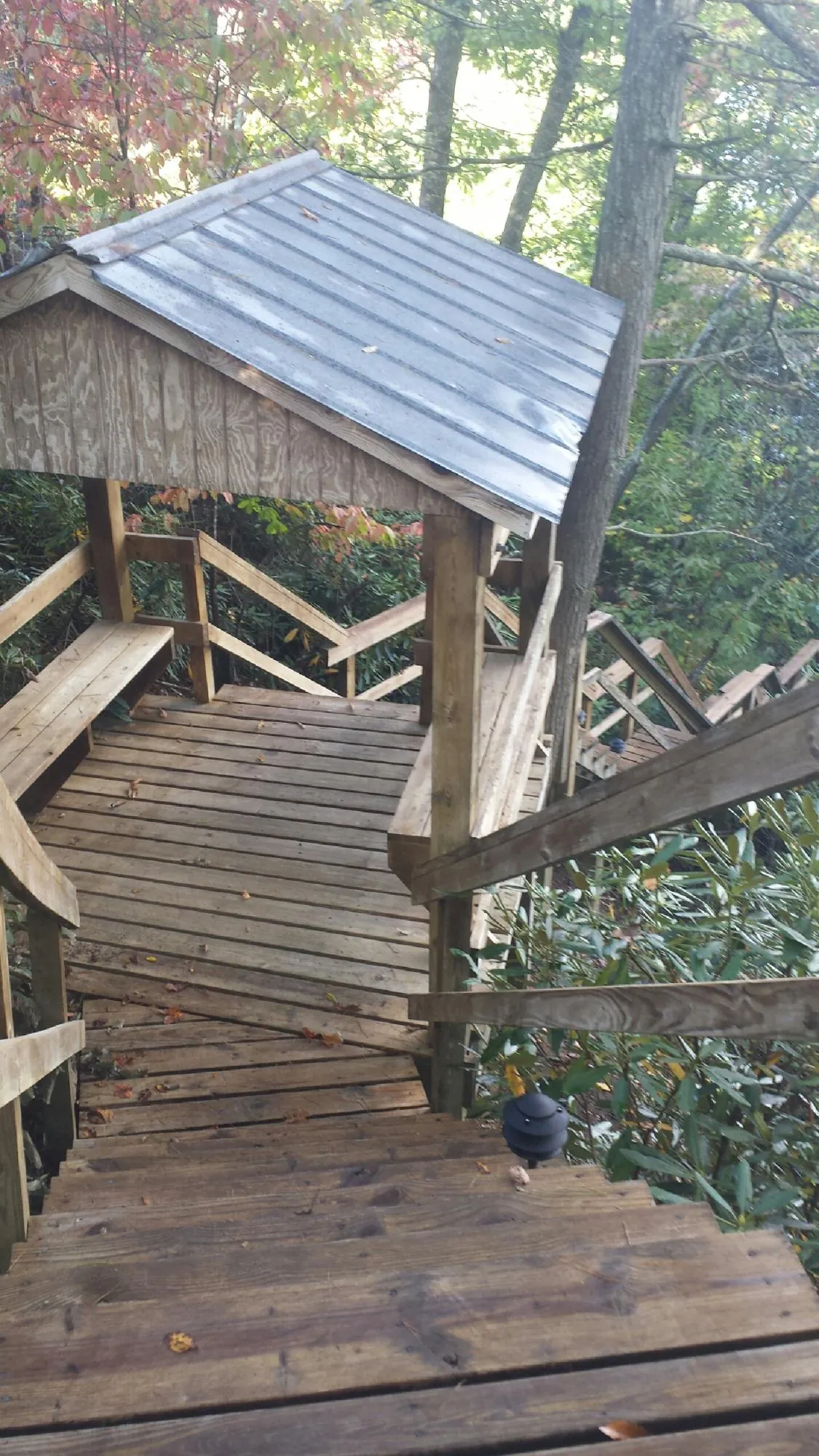 Metal roofed shelter over wooden steps on a wooded walkway — Skylight Repair & Installation work by our crew in Honea Path